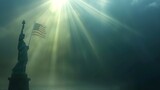 Fototapeta  - Morning Light: Photograph the Statue of Liberty basking in the soft morning light, with gentle rays of sunlight illuminating the landmark and the flag in the background. Generative AI