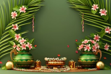 A green background with two vases of flowers on it