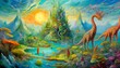 surreal oil painting of blended ecosystems and imaginary creatures