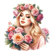 girl with a bouquet of roses flowers, watercolor illustration