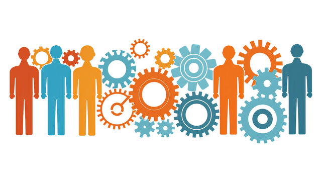 Interconnected gears and people representing business mechanics and teamwork, flat illustration banner