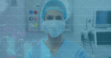 Poster - Image of data processing over female surgeon in face mask