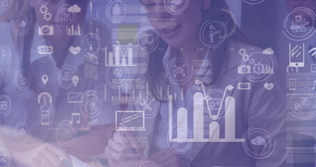 Poster - Image of graphs and icons over midsection of caucasian businesspeople in office