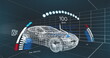 Image of speedometer over electric car project on navy background
