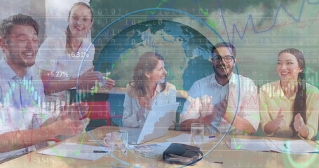 Poster - Image of globe and bianry coding data processing over diverse business people