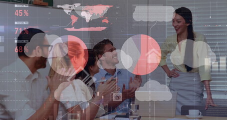 Poster - Image of statistics and data processing over diverse business people