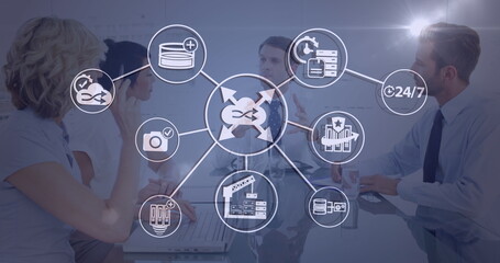 Poster - Image of technology icons over diverse businesspeople in office