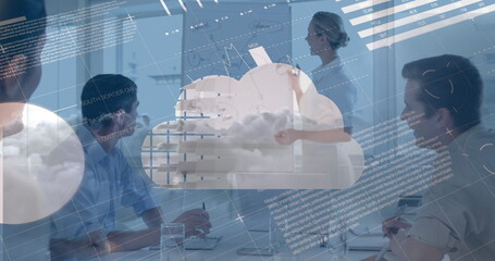 Poster - Image of statistics and data processing with memo notes over diverse business people