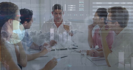 Poster - Image of statistics and data processing over diverse business people