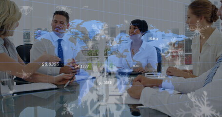 Poster - Image of numbers processing and world map over caucasian business people