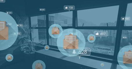 Poster - Image of social media reactions and emails over office interior