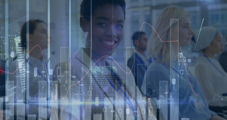 Poster - Image of statistics and financial data processing over diverse business people