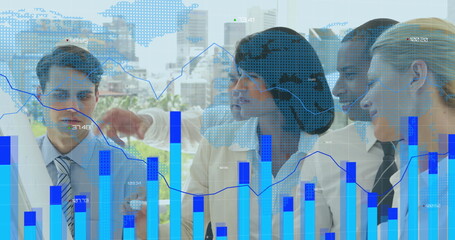 Poster - Image of graphs over diverse businesspeople working