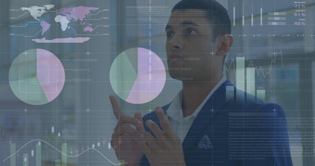 Poster - Image of statistics and financial data processing over biracial businessman