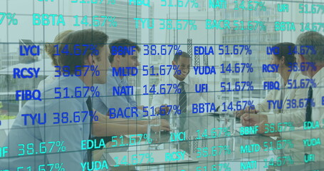 Poster - Image of financial data over diverse businesspeople shaking hands