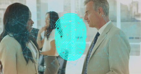 Poster - Image of connections and bionic security over diverse businesspeople shaking hands