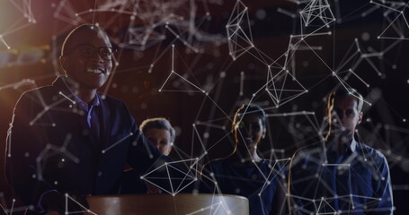 Poster - Image of network of connections over african american businessman having presentation