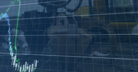 Poster - Image of financial data and graphs over machines on junkyard