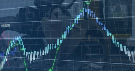Poster - Image of financial data and graphs over machines on junkyard