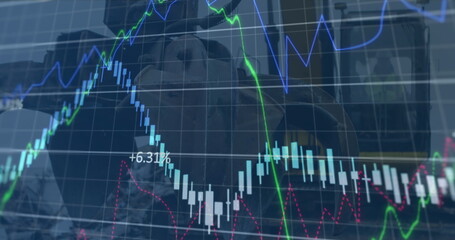 Poster - Image of financial data and graphs over machines on junkyard