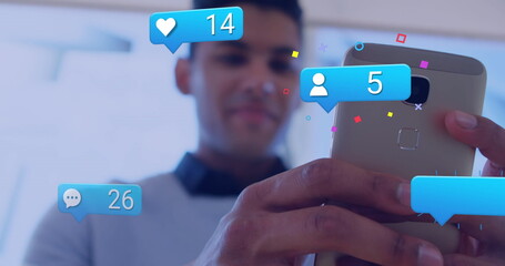 Poster - Image of clouds and digital icons over man using smartphone
