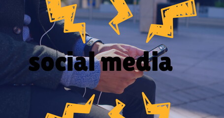 Poster - Image of social media over hands of caucasian businessman using smartphone