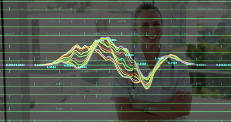 Poster - Image of financial data processing over two caucasian female doctor