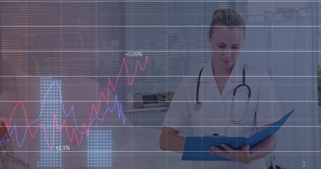 Poster - Image of financial data processing over businessman working in office