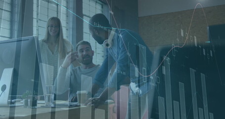 Poster - Image of financial data processing over diverse business people in office