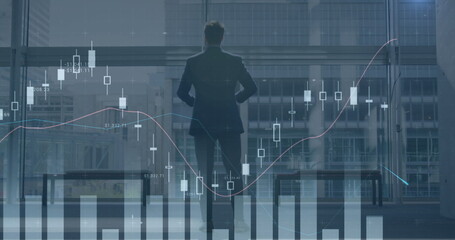 Poster - Image of financial data processing over business people walking in office