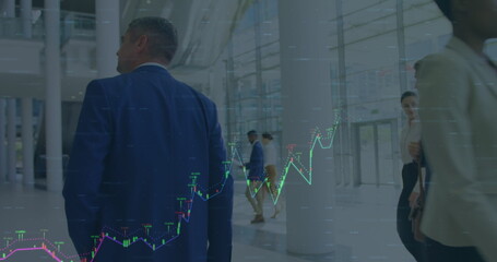 Poster - Image of financial data over caucaian businessmen walking in office