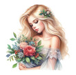 Beautiful girl with a bouquet of roses flowers, watercolor illustration