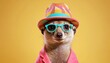 Funny meerkat in a bright hat and stylish glasses, against the background of a yellow wall, vintage and fashionable style. Isolated studio portrait close up.  cute and unusual image.