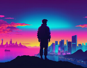 silhouette of a person looking at the city, vaporwave wallpaper
