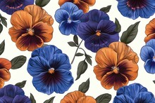 Seamless Pattern With Elegant Blue And Orange Pansies On A White Background Illustration