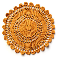 Round handmade crafted crochet raffia placemat with fringes isolated over a white background