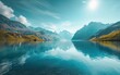 Teal mountain lake under clear skies, panoramic view - tranquil setting, mountain.