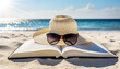 Close-up of an open book and a white straw hat with sunglasses on a sandy beach, in the background the sea on a sunny summer day. Beach holiday concept. Generative Ai.