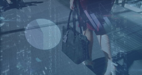 Poster - Image of data processing over caucasian businesswoman walking
