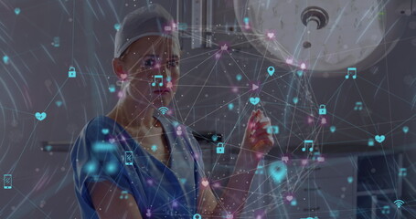 Sticker - Image of network of connections and moving lights over caucasian female doctor