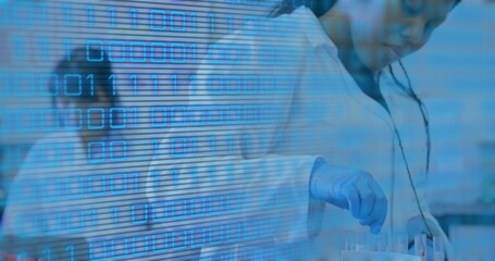 Poster - Image of data processing over african american female doctor with test tubes