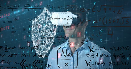 Poster - Image of digital padlock and virus scanning over caucasian man in vr headset