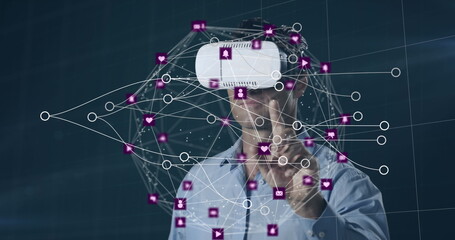 Poster - Image of connections over caucasian man in vr headset and digital padlock