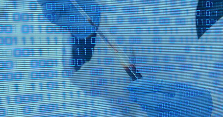 Poster - Image of data processing over doctor with test tube