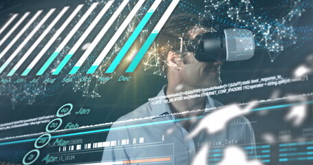 Poster - Image of connections, financial data over caucasian man in vr headset