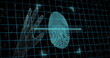 Image of biometric fingerprint, hand, data processing over grid
