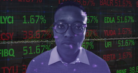 Poster - Image of statistics and financial data processing over african american man