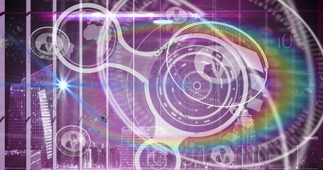 Poster - Image of flare, digital circles with globe, profile icons and binary code over city