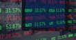 Image of stock market data processing against close up of a digital tablet