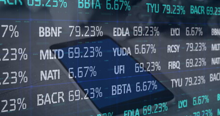 Poster - Image of stock market data processing against close up of a digital tablet